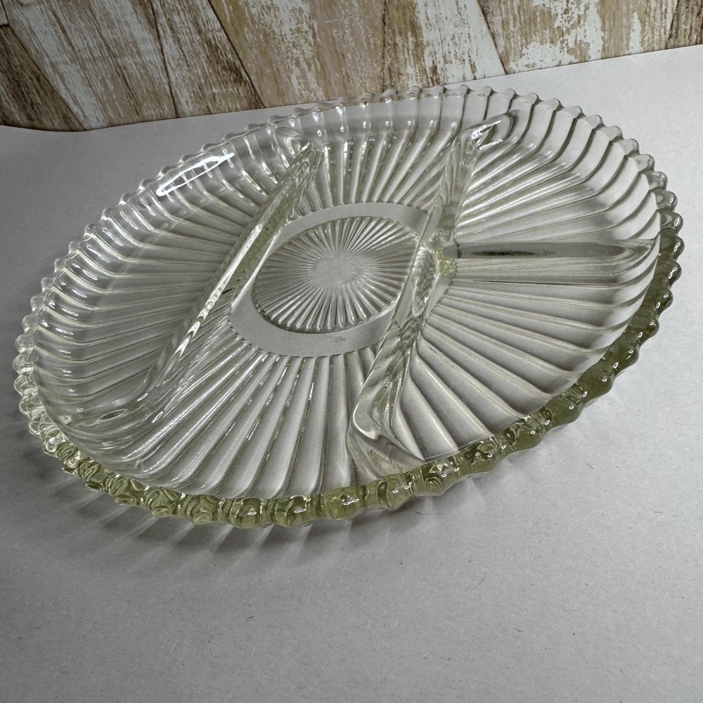 Vintage Indiana Clear 10" Glass Divided Serving Tray Platter Ribbed